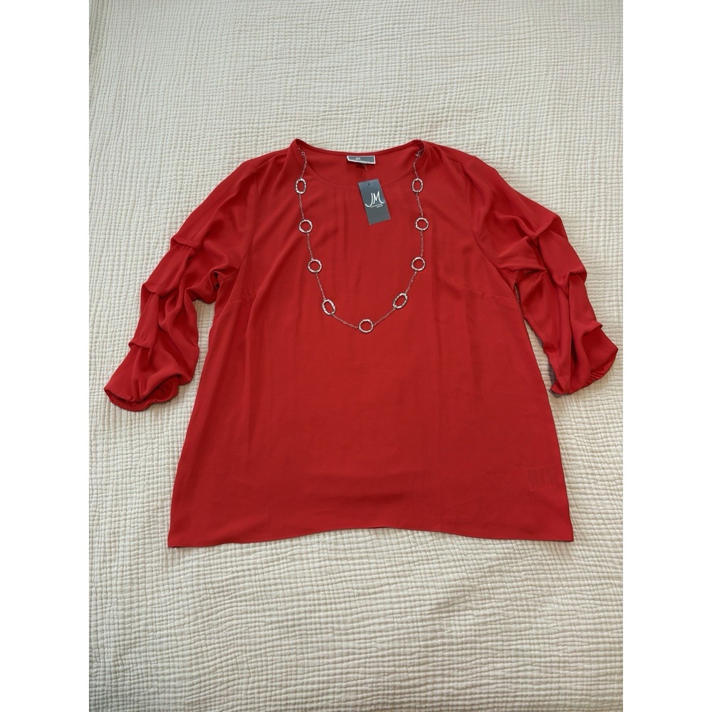 New JM Collection size XL Red Embellished 3/4 Sleeve Flowy Button Down